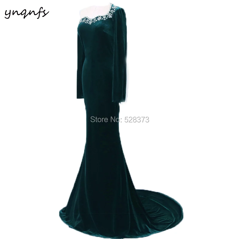 YNQNFS MD173 Elegant One Shoulder Long Sleeve Velvet Green Mother of the Bride/Groom Dresses Outfits Crystal Formal Dress 2019