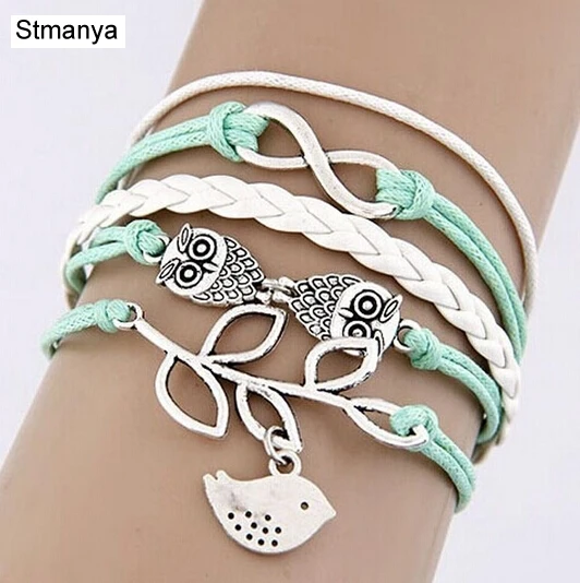OWL Leather Bracelets - New Fashion Brand  Hand Made Leaf  Combination Multilayer Woven Bangle Bracelet Jewelry 18072