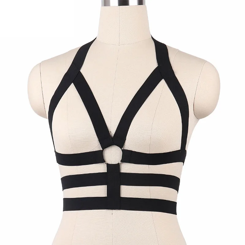 Bralette noire à bretelles, Bustier ajustable, harnais de Bondage, ceinture, vêtements fétiches, haut court, body O0053