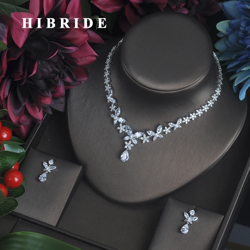 

HIBRIDE Fashion Clear Crystal Cubic Zirconia Women Full Jewelry Sets Earring Necklace Set Dress Accessories Party Show N-338