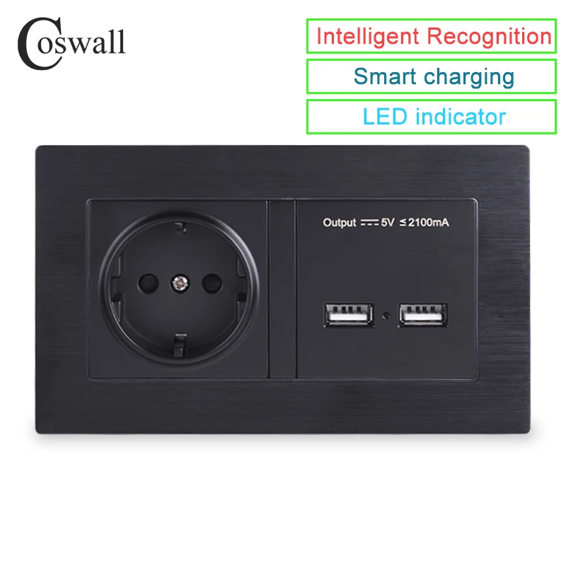 

Розетка COSWALL из алюминия и металла, настенная розетка европейского стандарта с двойным USB интеллектуальным Индукционным зарядным портом для мобильных телефонов 5 в 2,1 А