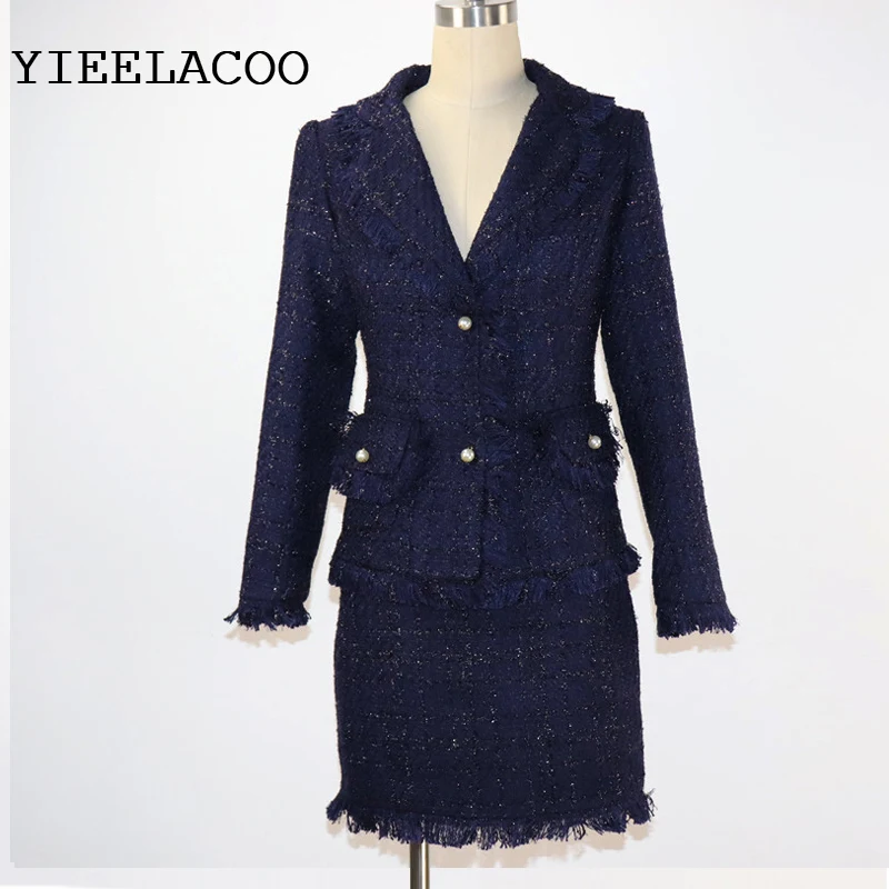 

Dark blue Tweed women Jacket +skirt suit Spring / Autumn women's jacket 2 piece shorts suit Burr ladies jacket coat