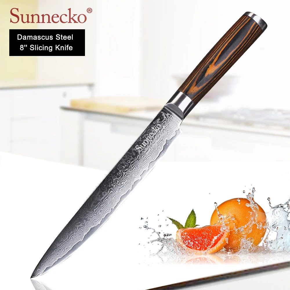 

SUNNECKO 8'' Slicing knife Damascus Steel 73 Layers Chef Cooking Knife Wood Handle Meat Vegetable Slicer Cutter Tool Gift Box