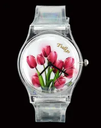 Fiore di rosa/Tulipano/Farfalla Delle Signore Delle Donne Orologi Colorati di Colore Fascia Trasparente Casual del Quarzo di Sport Orologio Da Polso