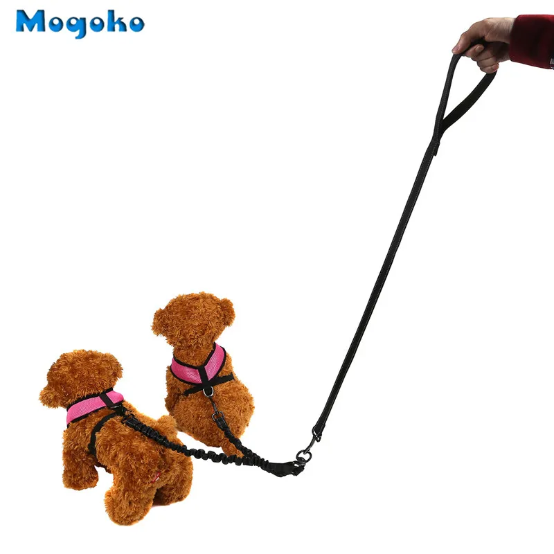 Mogoko Extendable Reflective Safety Double Dog Leash Coupler Heavy Duty Swivel Splitter And Dual Shock Absorption Bungee Dog Tra