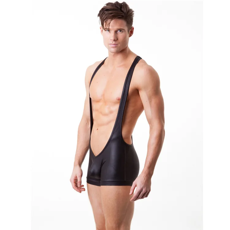 

Drop Shipping 12PCS/LOT Faux Leather Wrestling Singlet Men's Sexy Siamese Boxers Underwear Leotard Black/Gold/Silver S M L XL