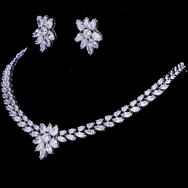 Emmaya White Gold Color Luxury Bridal CZ Crystal Necklace and Earring Sets Big Wedding Jewelry Sets For Brides