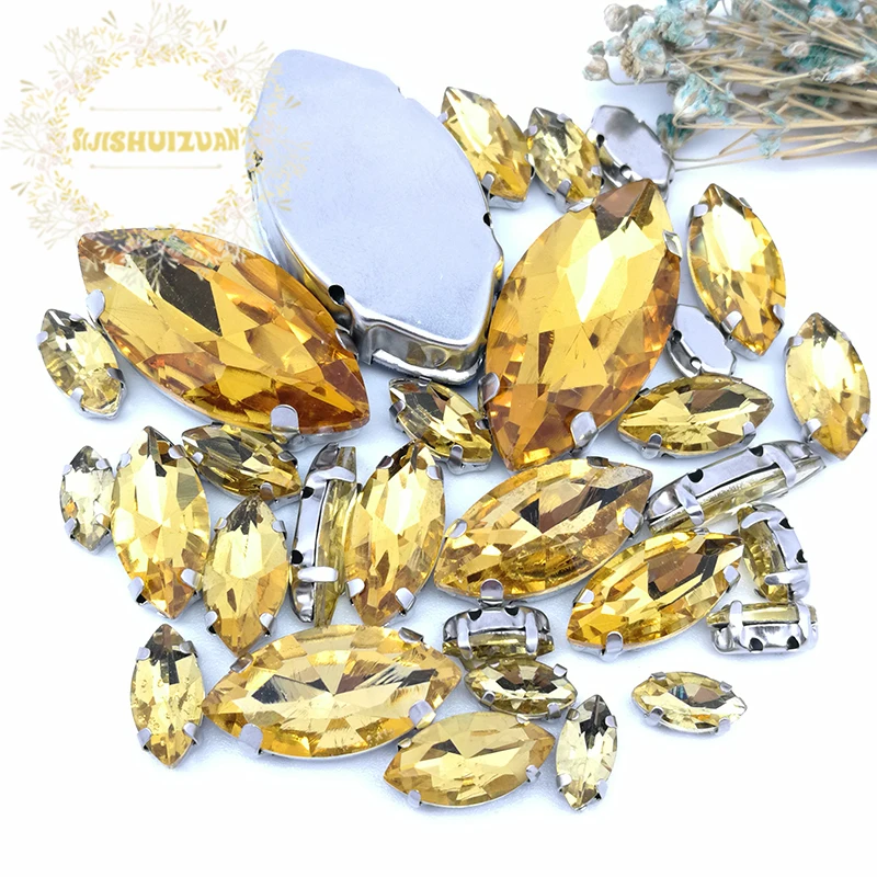 Silver Claw Setting 30pcs/Bag Golden YellowHorse Eye Shapes Mix Clear Gass Crystal Sew On Rhinestone Wedding Dress Shoes Bag Diy