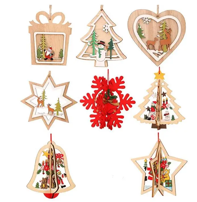 

Wooden Christmas Tree Hanging Ornaments Decorations Deer snowman santa snowfake Pattern Pendants Home Window Decor Crafts