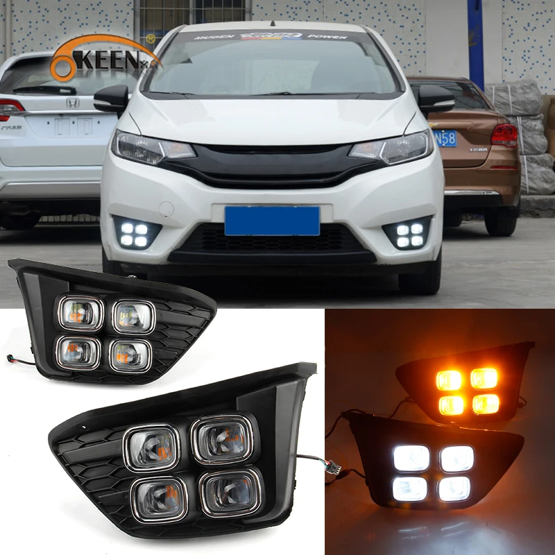 OKEEN For Honda Jazz Fit 2014 2015 2016 2017 Turn Yellow Signal Relay Waterproof Car DRL 12V LED Daytime Running Light Fog Lamp