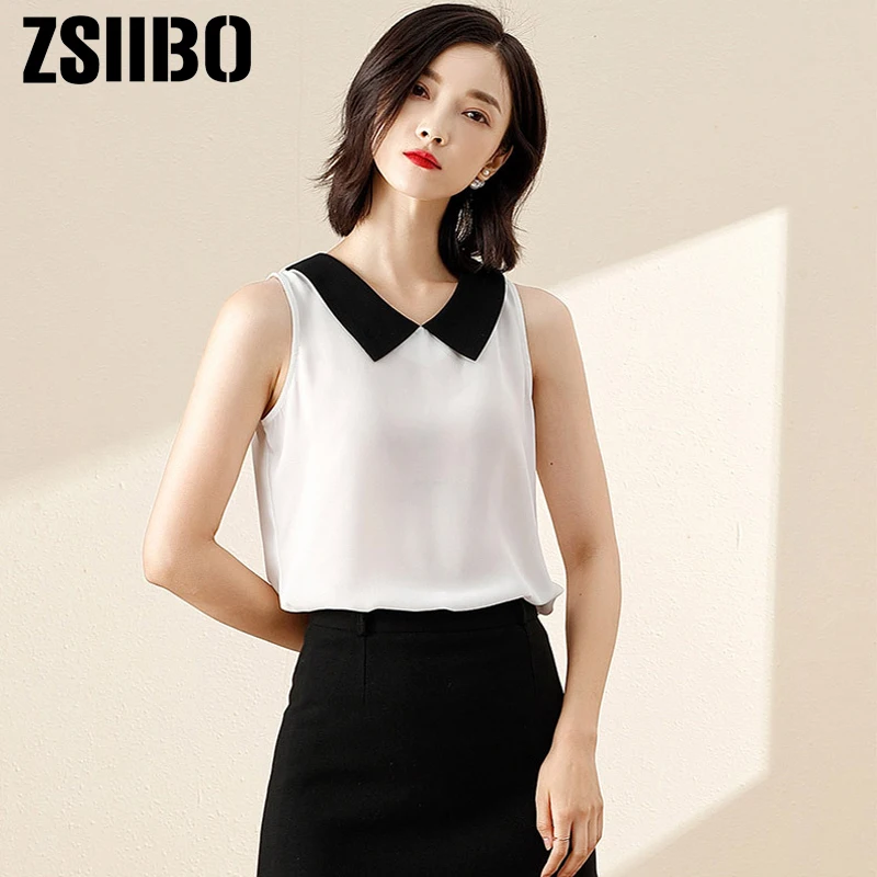 Blouse Women Sleeveless Bow Chiffon Shirt Elegant Turn-Down Collar White top Vintage top 2021 summer Fashion Clothes