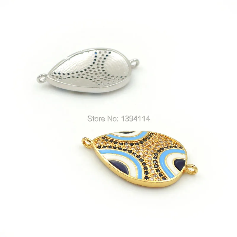 28*16*2mm Micro Pave Blue&Clear CZ Drop Connector With 3 Eyes Enamelled Fit For Women As DIY Bracelets Accessory