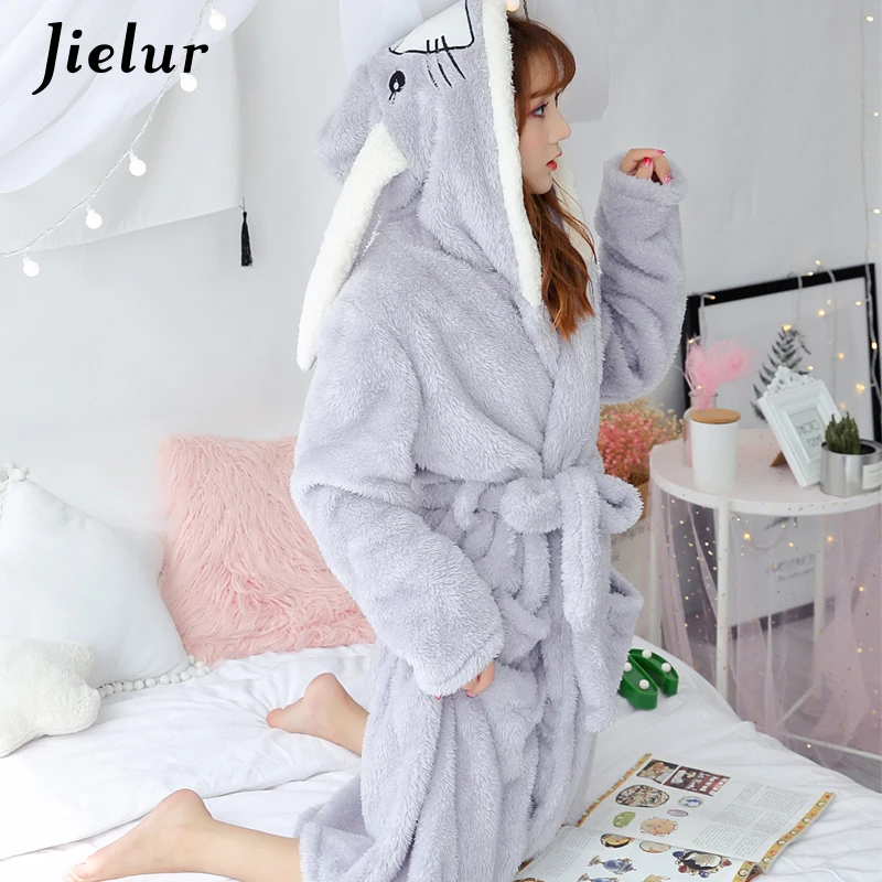 Jielur Coral Velvet Bathrobe Women Cartoon Cute Warm Hooded Robe Rabbit Flannel Kimono Bath Robe Dressing Gowns Sleepwear