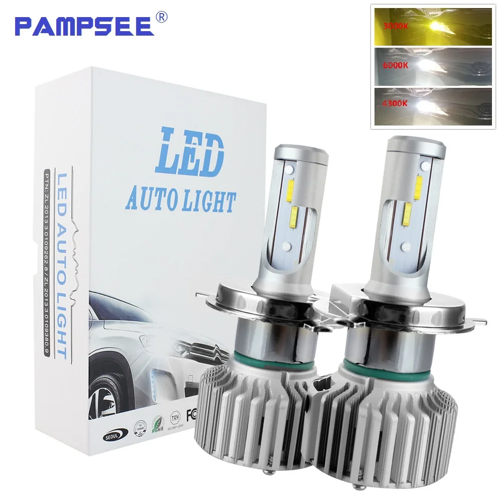 PAMPSEE T5 Tricolor Auto Headlights H1 H3 H7 H8 H9 H11 9005 9006 3000K 4300K Car LED Headlight Auto Bulbs three color 30W 4000LM