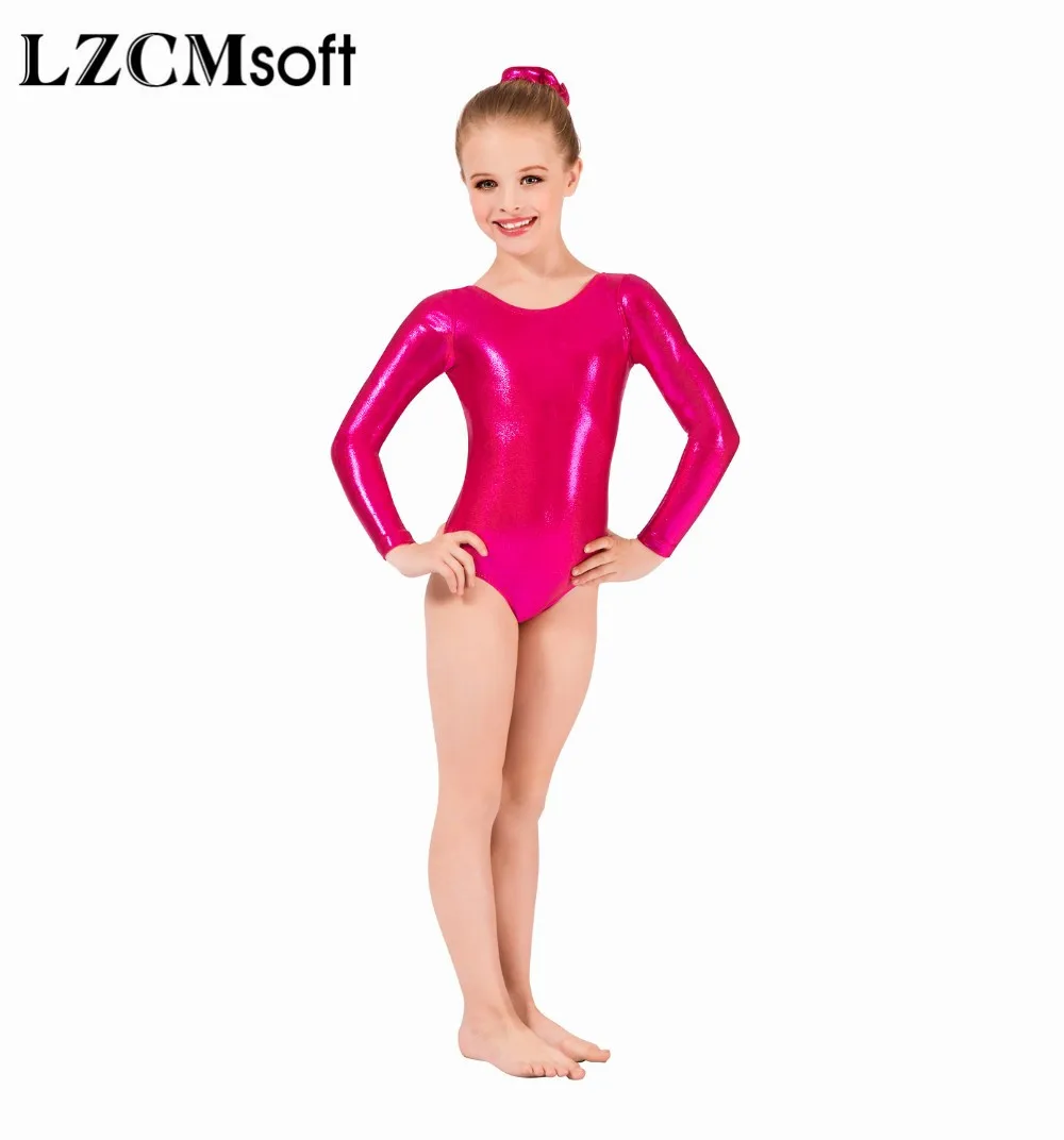 LZCMsoft Girls Long Sleeve Silver Leotards Shiny Metallic Gymnastics Leotards One Piece Kids Ballet Dance Performance Costumes