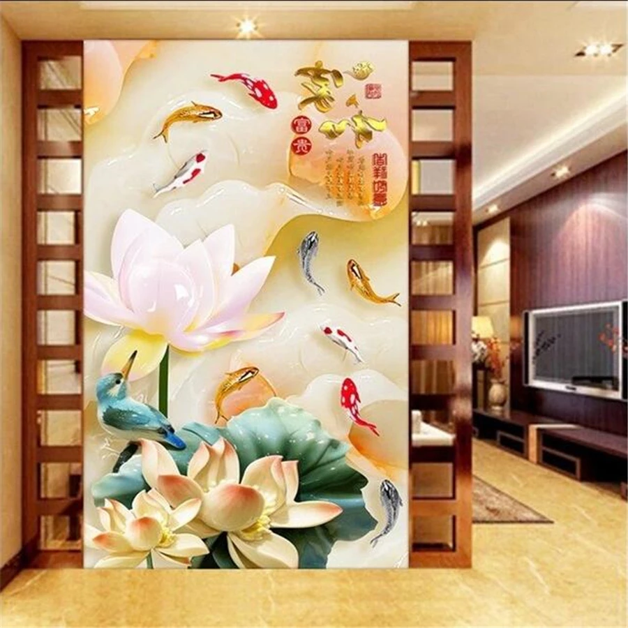 

wellyu Custom wallpapers 3d обои frescoes and wealthy stereo lotus nine fish chart relief jade carving TV background wall paper