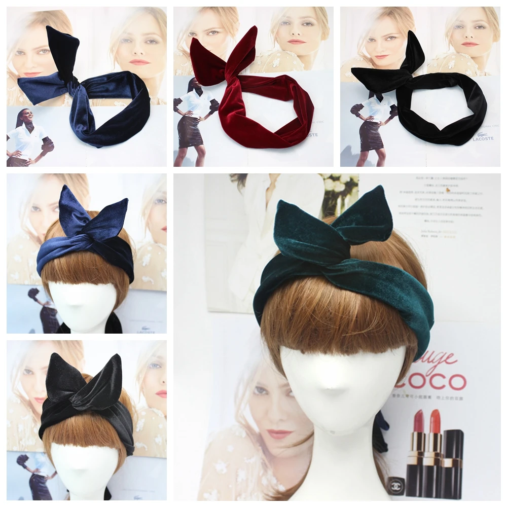 Diadema de alambre de conejito de terciopelo para mujer y niña, accesorios para el cabello, turbante de oreja de conejo, Bandana para la cabeza, 1 unidad