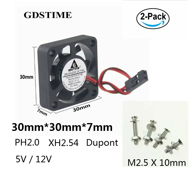 

Gdstime 2 Set 30mm x 7mm Dupont Connector 2Pin DC Cooling Fan 5V Small Brushless Cooler 30x30x7mm 3007 For Raspberry With Screws