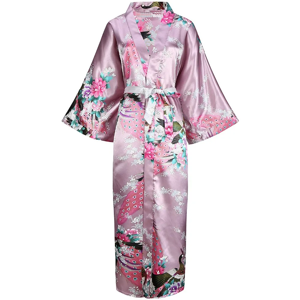 Classic Chinese Female Evening Robes Print Peacock Nightwear Kimono Robe Bath Gowns Sexy Satin Long Robe Plus Size Home Dress