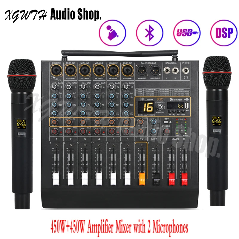 6 Channel 16 DSP Digital Effect Power Amplifier Studio Audio Mixer Bluetooth USB Mixing Console 2 Handheld Wireless Microphone