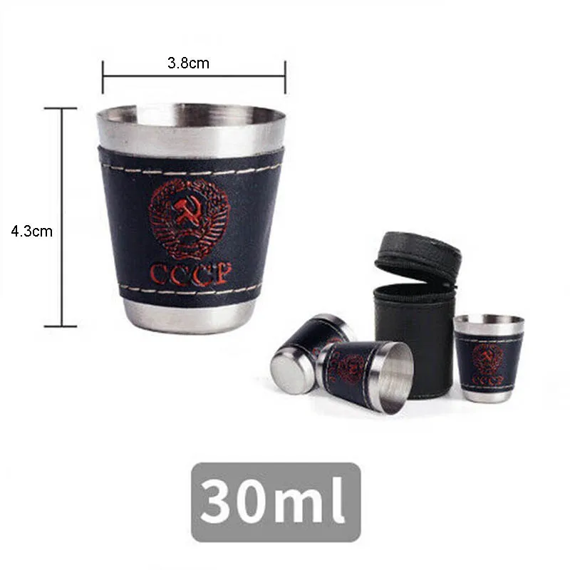 4pcs 75ml Outdoor Travel Cups Set Camping Tableware Stainless Steel Cup with PU Leather Portable Coffee Wine Beer Whisky Cup