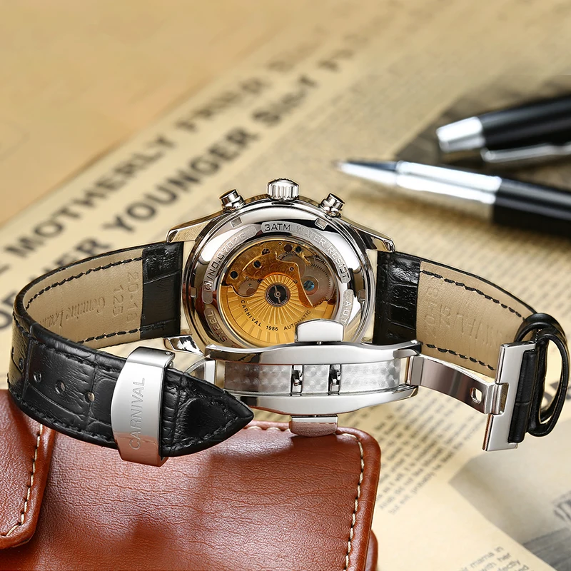 CARNIVAL Top Brand Luxury Mens Watches Moon Phase Date Black Leather Automatic Mechanical Man Watch Relogio Masculino