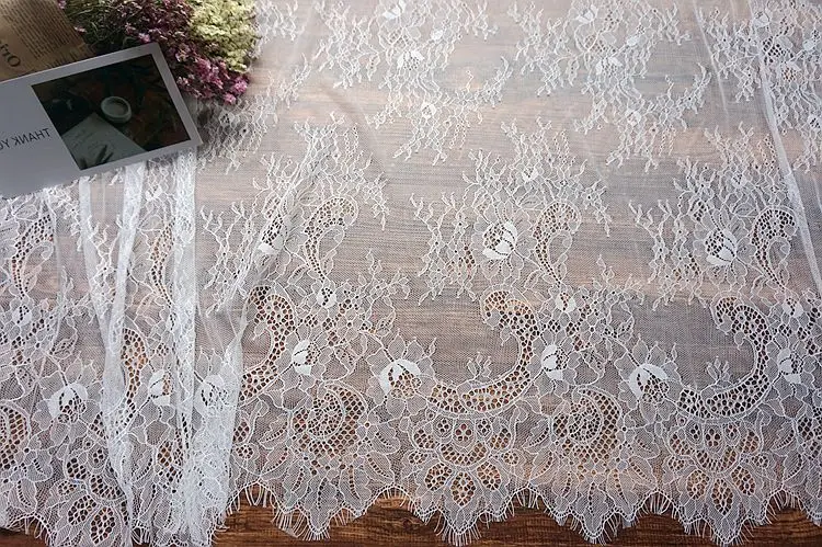 French Bilateral Eyelash Lace Fabric, Classical Design, Nylon Dress, Soft Black White 3m long