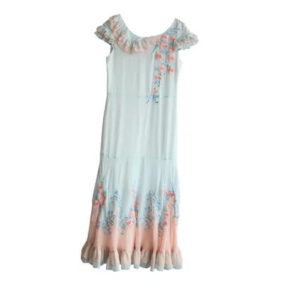 Clearance  Summer Women Sweet water blue apricot colorant match delicate rose flower embroidery ruffle vintage dress