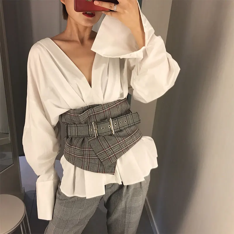 

Fashion Ladies Vintage Check Style Waist Belt Super Wide Fabric Adjustable Shirt Slimming Corset Cummerbund Girdle Belt Women