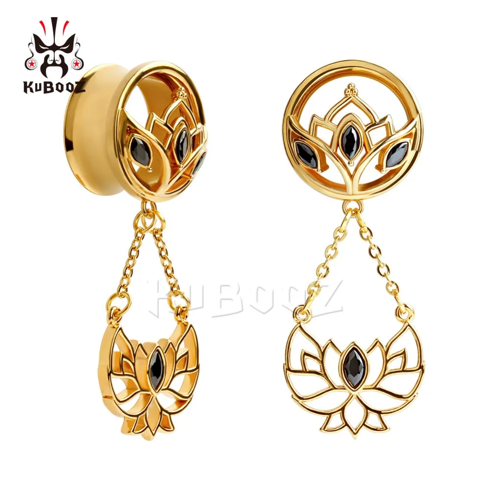 KUBOOZ Piercing Stainless Steel Dangle Ear Plugs And Tunnels Lotus Crystal Expanders Pair Selling Gauges Earrings 2PCS