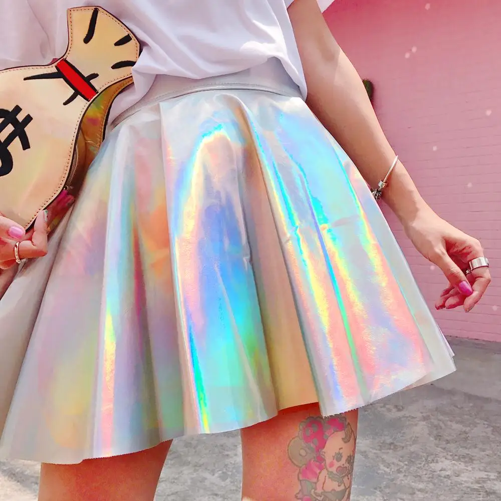 Silver Metallic A-Line Mini Skirt Women Summer Punk Holographic Hologram Skater Skirt High Waist Ball Gown Female Kawaii Mujer