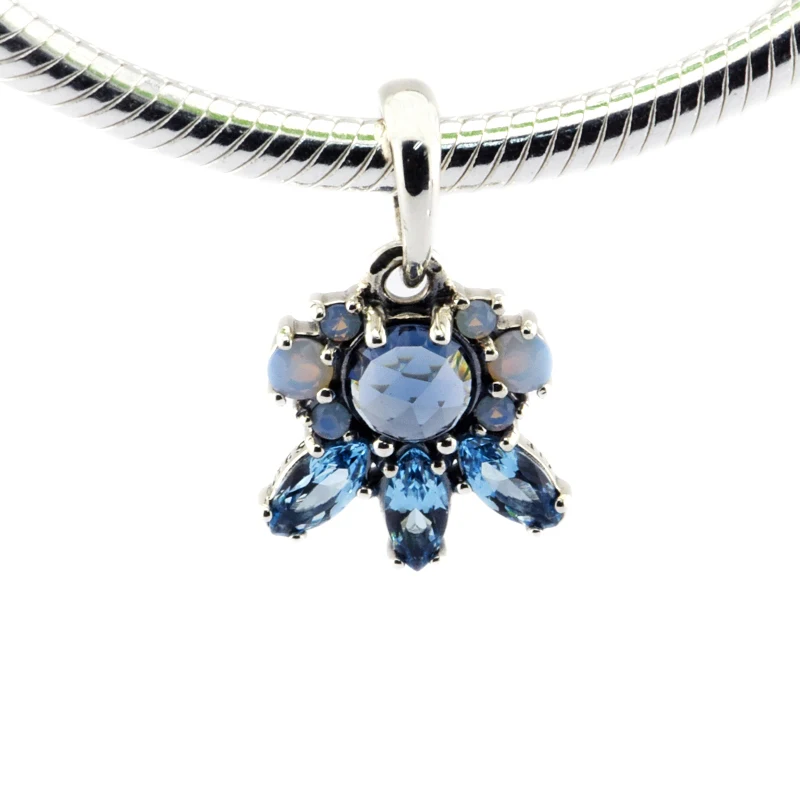 Authentic 925 Sterling Silver Bead Blue Patterns of Frost Dangle with Multi-Colored Crystal Pendant Fit Bracelet & Necklace DIY