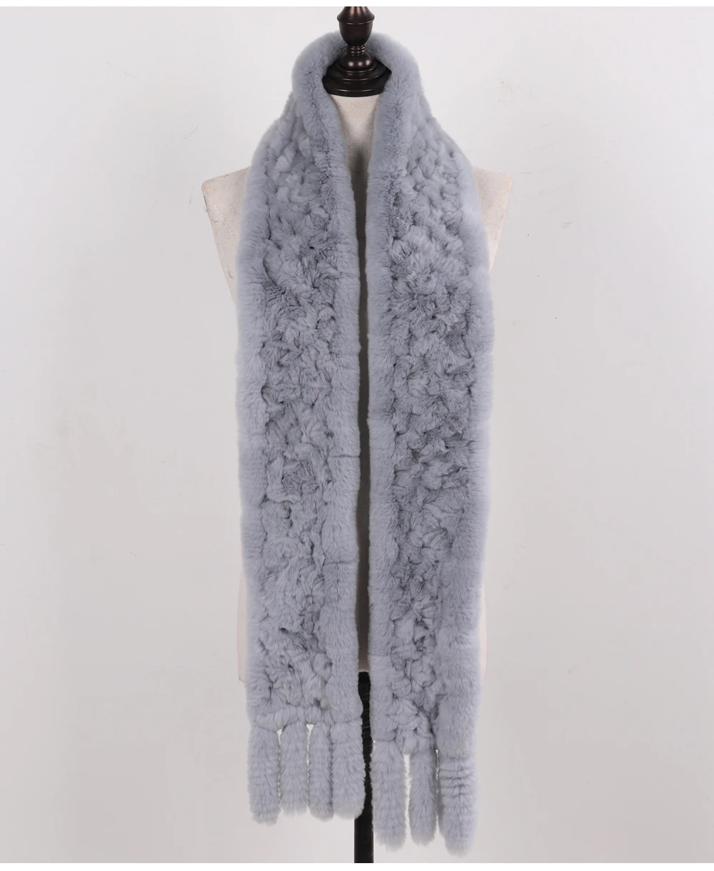 Neue Damen-Schals aus 100% natürlichem Rex-Kaninchenfell, langer Stil, gestrickte Rex-Kaninchenfell-Quastenschals, warme Echtfell-Schals für den Winter. – Detail 13
