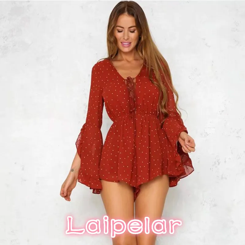 Combishort à pois à lacets, une pièce, style Boho, combinaison pour femmes, élégante, sexy, style bohème, streetwear, été