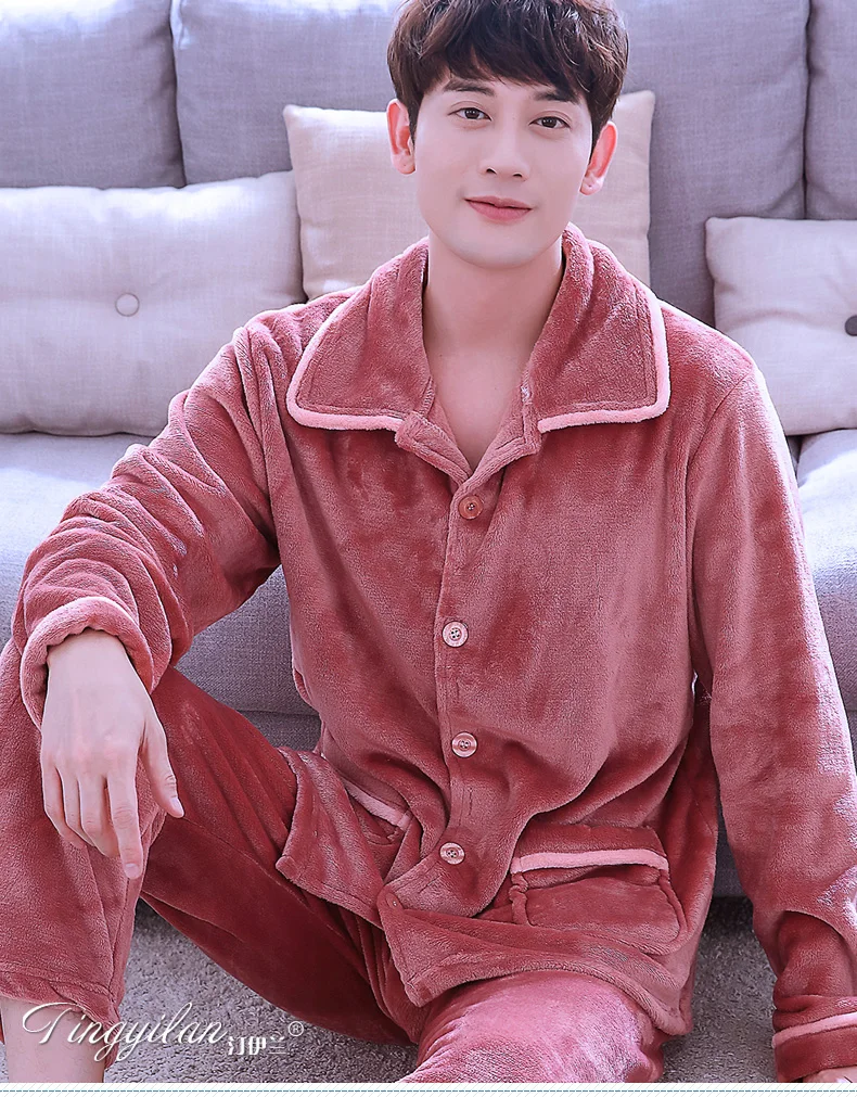 Male Fleece Pajamas Men\'s Thickening Warm Flannel Long Sleeves Homewear Adult Winter Coral Velvet Nightwear Plus Size D-2073