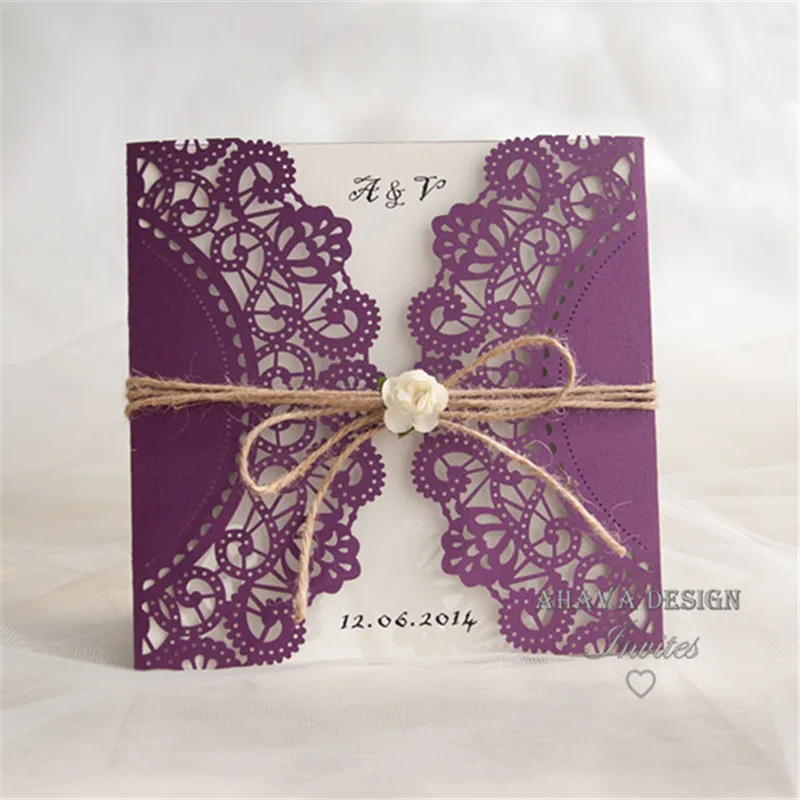 

Rustic Purple Laser Cut Invitation With Twine And Flower