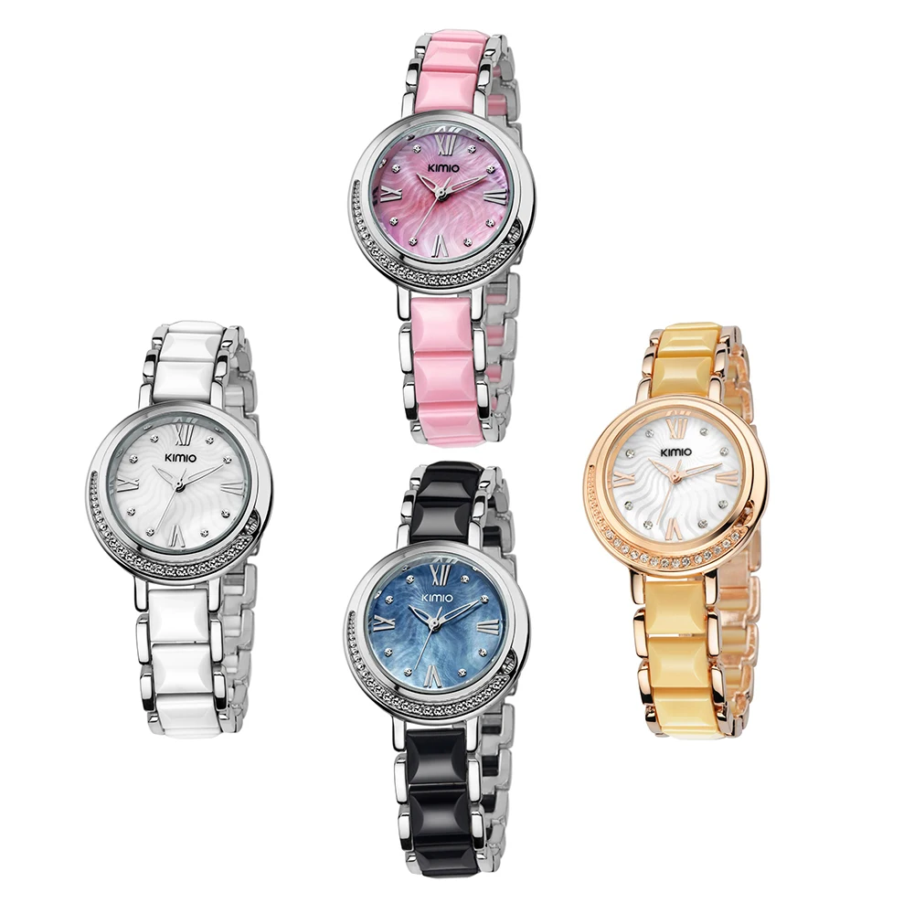 Kimio Brand Women Imitation Ceramic Watches Luxury Ladies Bracelet Quartz Watch Female Big Dial Crystal Waterproof Wristwatches