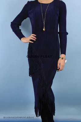 HOT SELLING Miyake Elegant fashion fold open fork tassel long-sleeve solid o-neck tassel dress IN STOCK