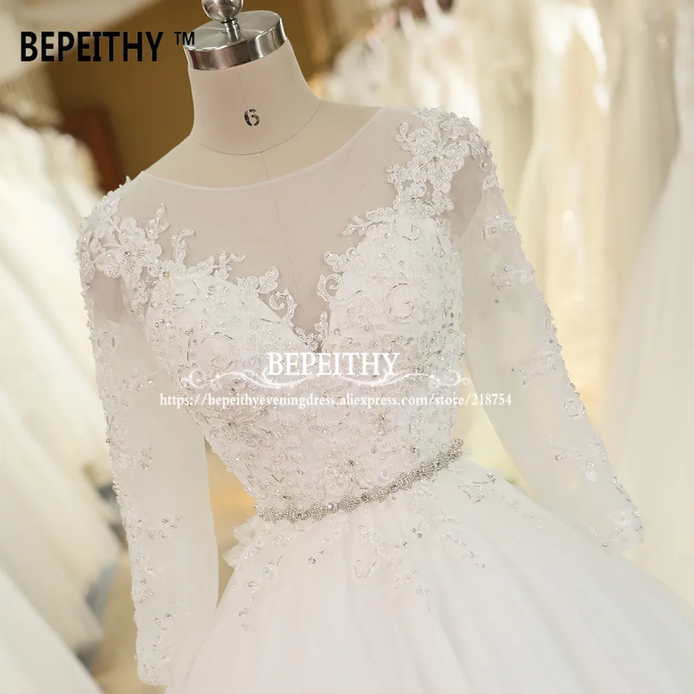 BEPEITHY Customized Robe De Mariage Ball Gown Princess Wedding Dress With Crystal Sash Long Sleeves Lace Bridal Gowns 2022