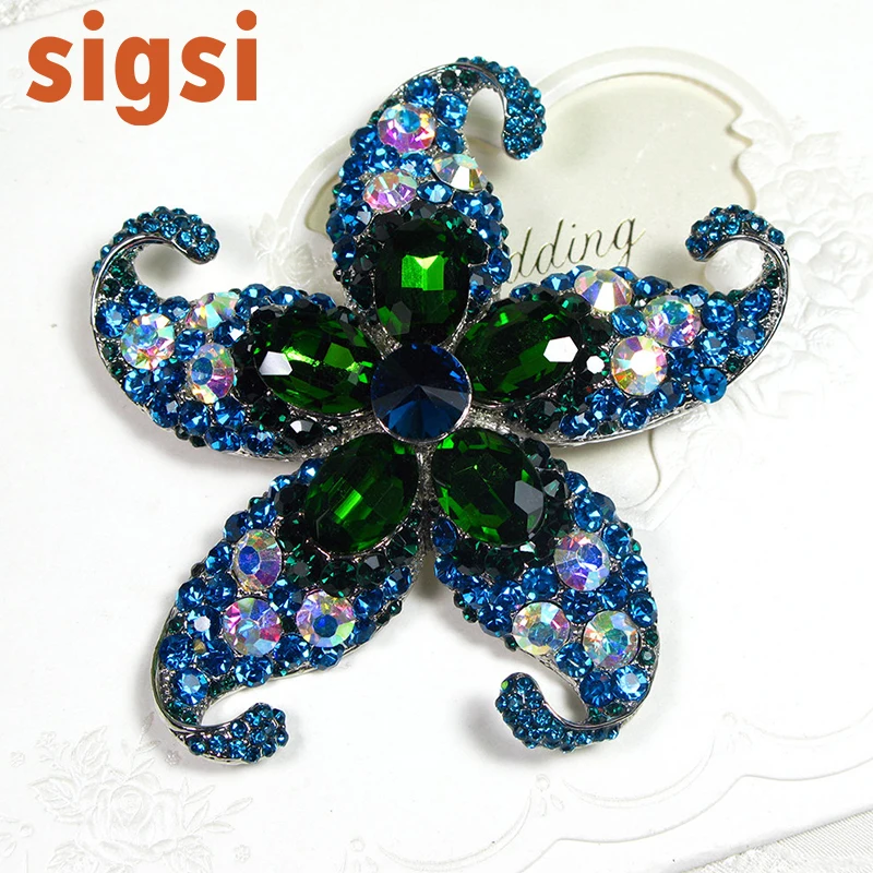 8cm Silver-Tone Blue Green Crystal Rhinestone Starfish Brooch ,Bridal Wedding Brooch for Bouquet Bridesmaid