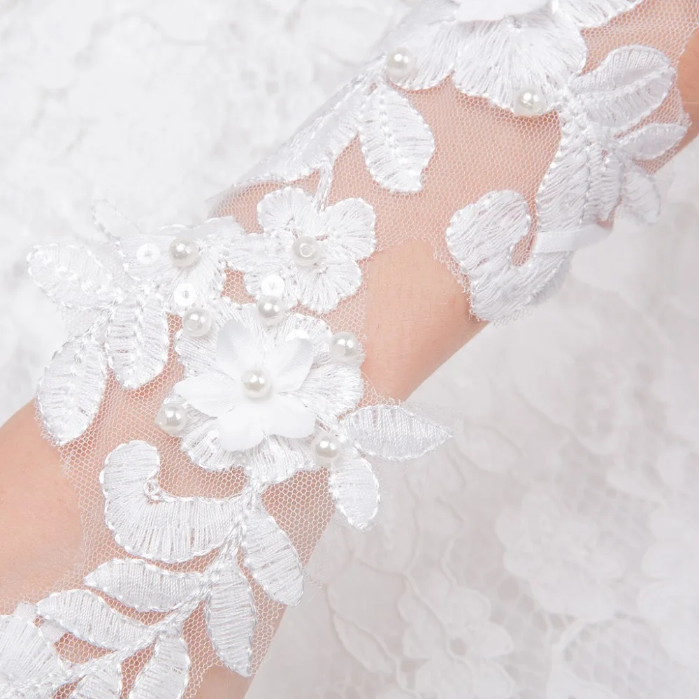 JaneVini-guantes de novia largos y delicados con perlas, 2018, sin dedos, con encaje floral, accesorios para boda