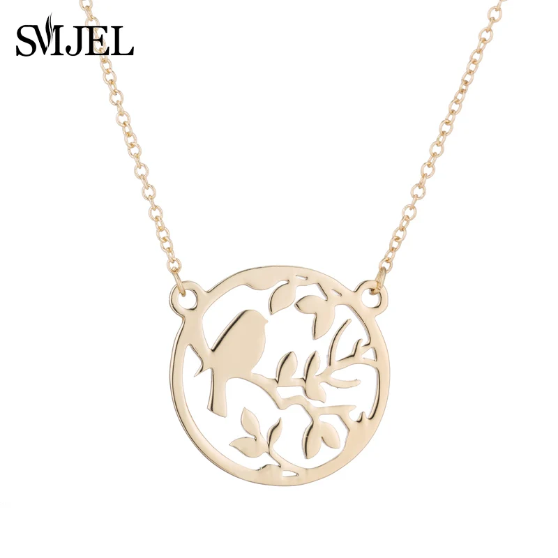 SMJEL Stainless Steel Jewelry Animal Bird Necklace Landscape Bird on Branch Circle Statement Necklaces Women Collar N374 image 2