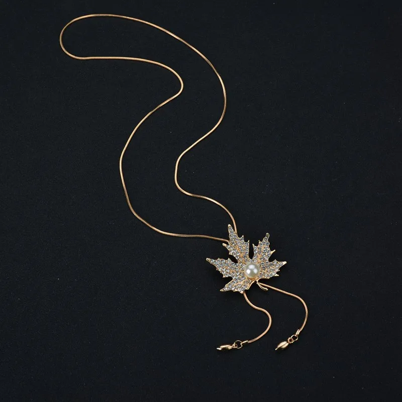 Long Necklaces Sweater Chain Fashion Fine Metal Chain Crystal Rhinestone Flower Leaves Pendant Necklace Pearl Jewelry