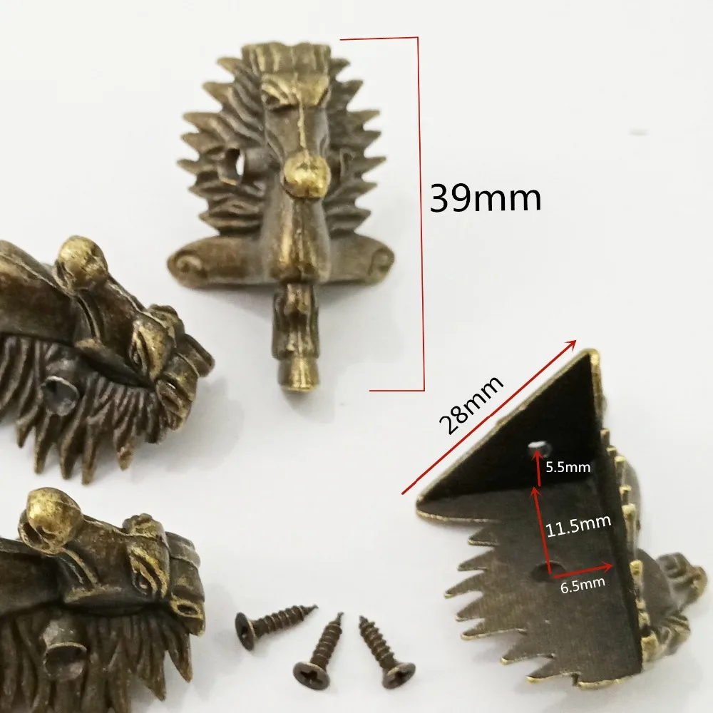 4pcs/Lot Box Feet Leg Brass Horse Head Antique Wood Corner Protector Decorative Bracket Bronze Furniture Hardware 39x24mm