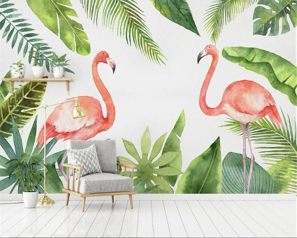 

beibehang Dream Fashion Seductive Wallpaper Hand Painted Plant Tropical Rain Forest Flamingo Background Wall Paper papier peint