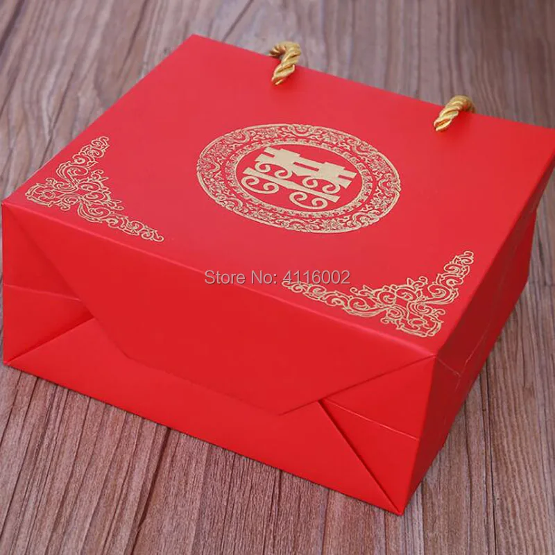 100pcs Chinese Traditional Red Double Happiness Wedding Gift Paper Bag Portable Candy Bags Festive Supplies