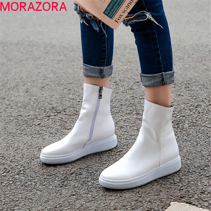 MORAZORA 2024 new arrival women ankle boots pu round toe autumn boots zipper simple comfortable casual flat shoes woman red