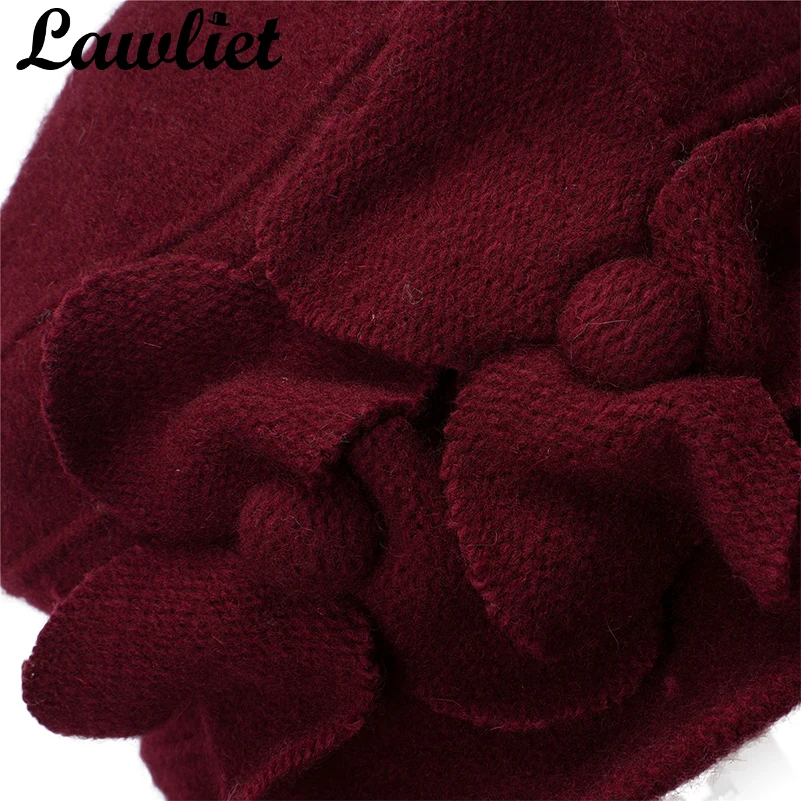 Lawliet Women Winter Hats Solid Flowers Warm Pure Wool  Cap Ladies Women Fedoras Cloche Hats Ladies Bucket Church Hats A218