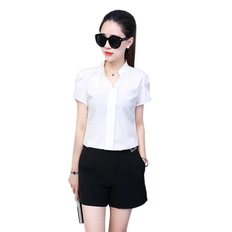 Women Shirt Chiffon Blusas Femininas Tops Short Petal Sleeve V-neck Elegant Ladies Formal Office Blouse Chiffon Shirt