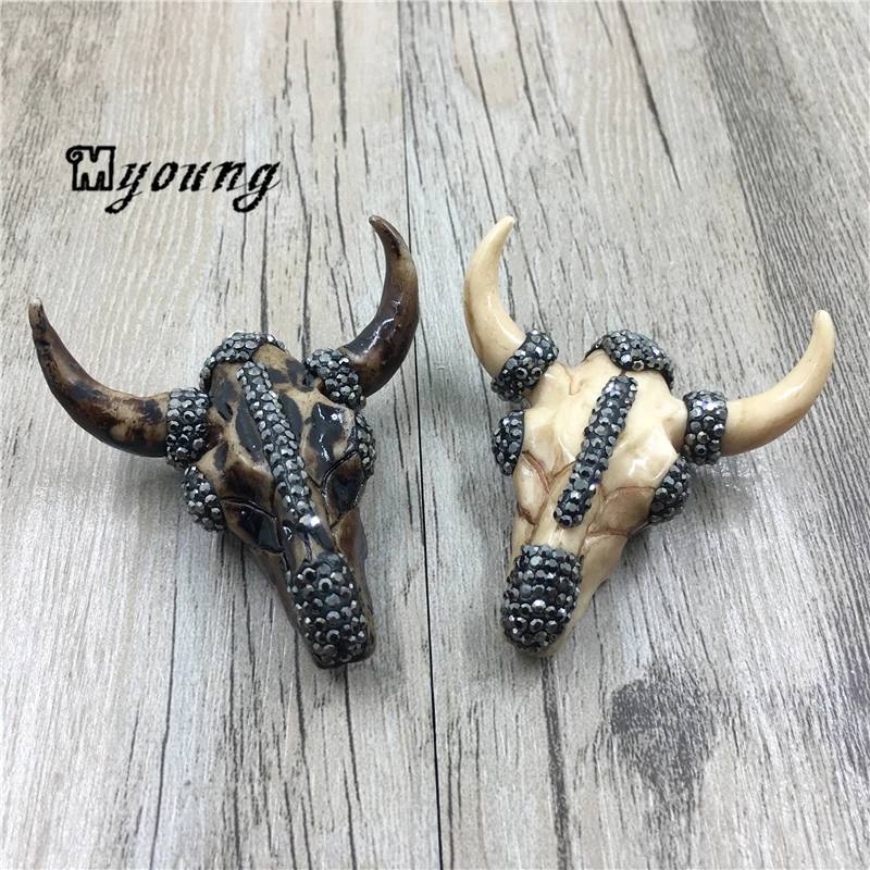 Buffalo Cattle Skull BOHO Pendant With Black Rhinestone Paved, Long Horn Cattle Skull Charm Pendant  45*23 mm MY1544